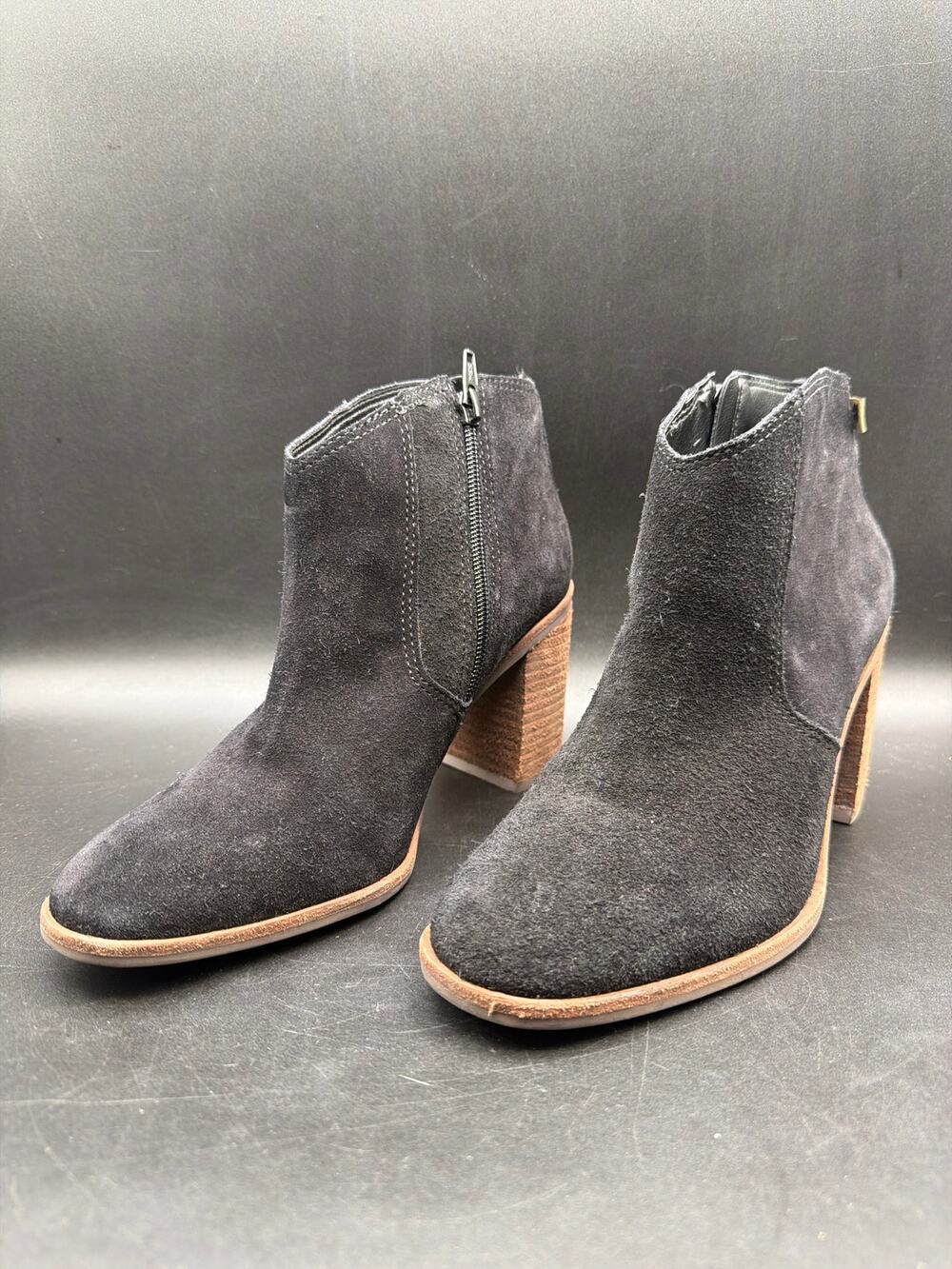 Lucky Brand Pellyon Black Suede Leather Heeled Ankle Boots Booties Women 8M 38.5